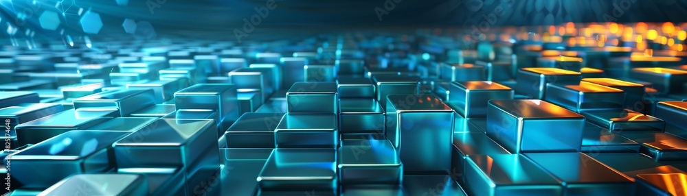Poster abstract 3d render of glowing blue and orange metallic blocks with a blurred background of geometric