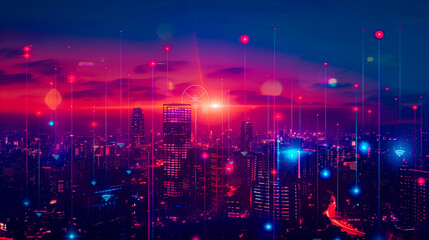 Modern city with wireless network connection and city scape concept. Wireless network and Connection technology concept with city background at night.