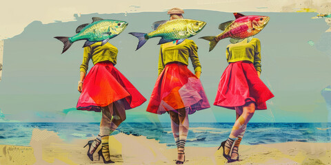 Surreal Fashion Art Women with Fish Heads by the Sea in Vibrant Red Dresses