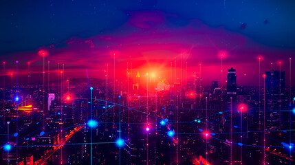 Obraz premium Modern city with wireless network connection and city scape concept. Wireless network and Connection technology concept with city background at night.
