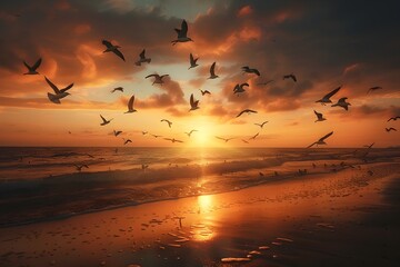 Breathtaking Sunset Seascape with a Flock of Birds in Flight over the Tranquil Ocean