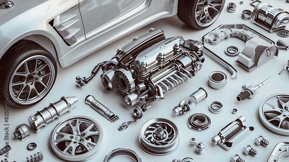Poster futuristic automotive components: a 3d render showcase of high-tech design and materials