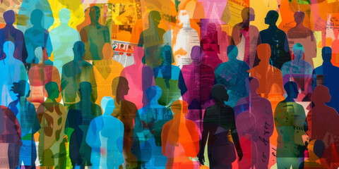 Naklejka premium Colorful Overlay of Diverse Silhouettes Representing Multicultural Society