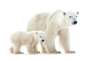 Mother and baby polar bears standing on white background