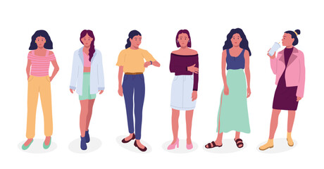 Modern flat vector illustration of diverse young women in stylish outfits. Trendy female characters in different poses. Ideal for branding, social media, web, and editorial design.