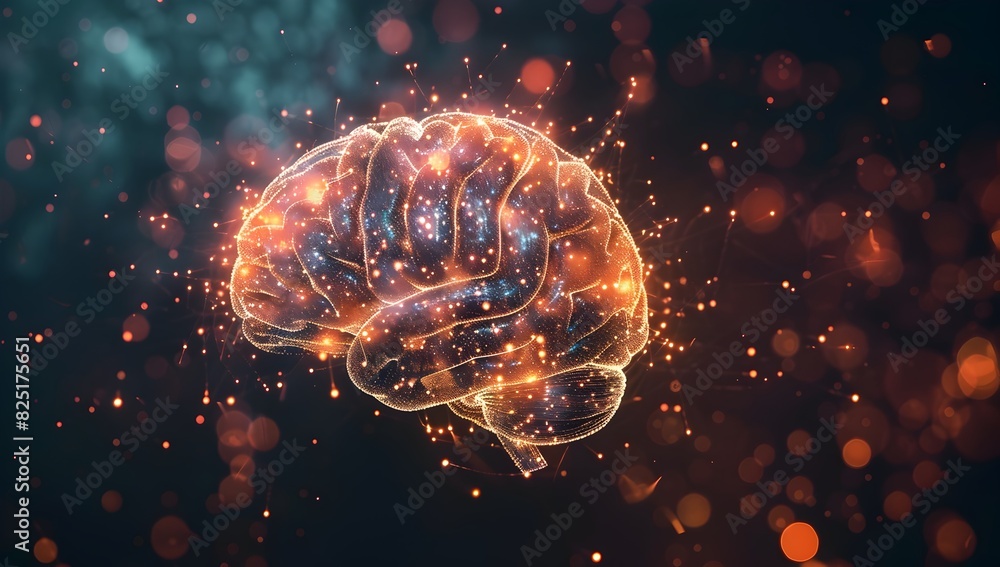 Poster illuminated brain symbolizing innovative thought and technological progress