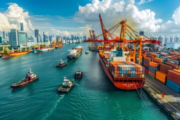 Obraz premium Bustling Container Port with Towering Cranes and Cargo Ships Docked Along a Vibrant Cityscape
