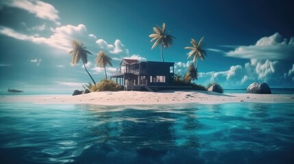 Obraz premium house on a desert island in the ocean. Created with Generative AI.