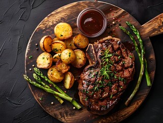 Grilled ribeye steak with roasted potatoes and asparagus on wooden plate