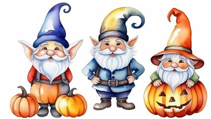 Obraz premium Watercolor gnomes, pumpkins, autumn leaves on a white isolated background, Happy Halloween holiday, different Halloween elements on a white background.