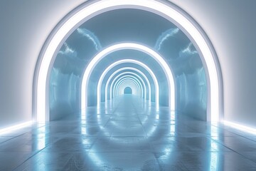 Fototapeta premium Abstract tunnel background with white glowing neon light lines and futuristic. High speed train on road. Technology wallpaper. Backdrop
