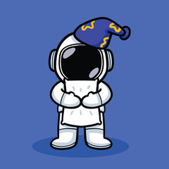 Tired Astronaut Cartoon Vector Holding Pillow and Wearing Sleep Cap