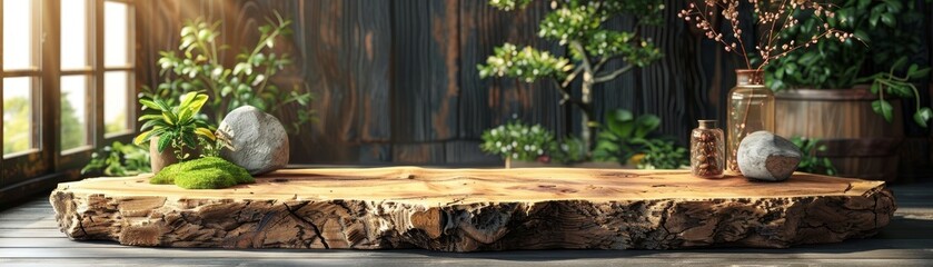 Natural wooden table with green plants and decorative stones in a rustic interior, bathed in warm light from a nearby window.