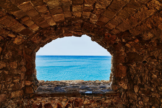 Detail of Koules Venetian Fortress and the Aegean sea, Heraklion, Crete, Greece, Europe