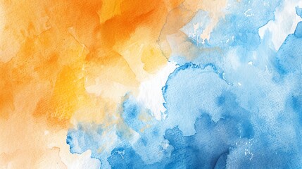 Watercolor texture with a blend of cool blues and warm oranges, creating a vibrant contrast