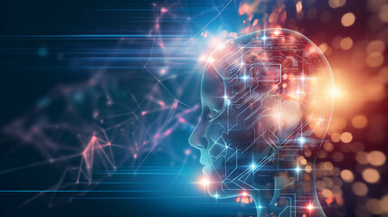 Obraz premium Artificial intelligence in humanoid head with neural network thinks. Technology background concept.