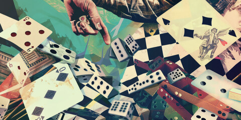 Mixed Media Artwork with Dice and Playing Cards in Abstract Style