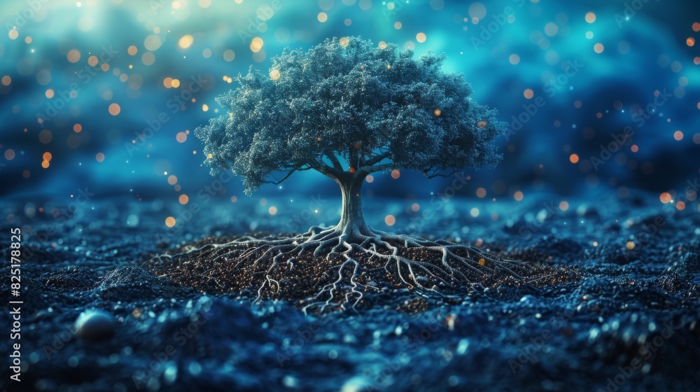 Poster create line-style icons featuring a tree with roots, symbolizing the
