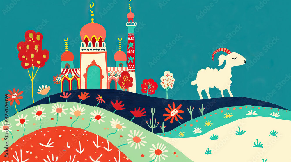 Wall mural eid al adha background with goat sheep, mosque on a beautiful land.