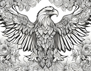 Fototapeta premium Artistic coloring page of eagle with intricate patterns and floral backdrop