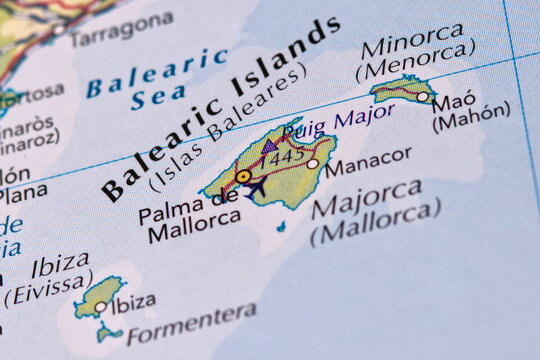 Majorca island in focus on the map, Balearic Islands.