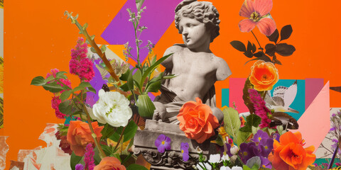 Vibrant Floral Collage with Classical Statue on Bright Orange Background