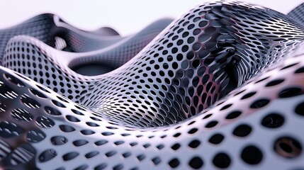 3D rendering of a futuristic landscape with a perforated metal surface.
