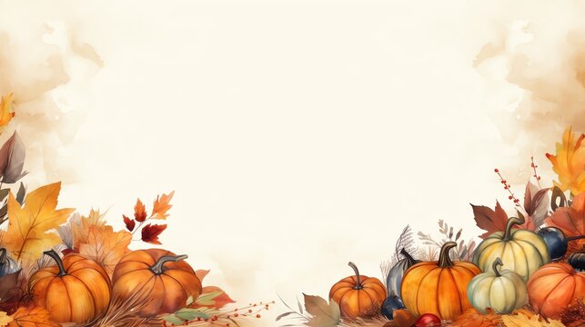 Watercolor autumn border with pumpkins and leaves on beige background.