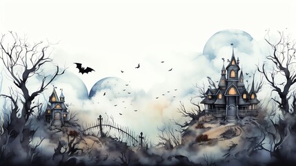 Watercolor painting of a spooky haunted house with a bat flying overhead.