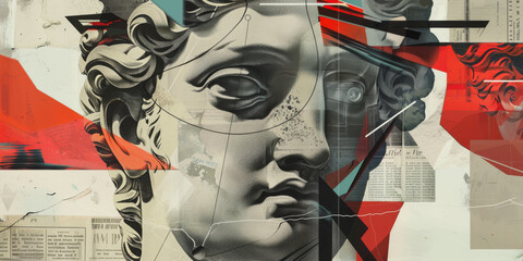 Modern Abstract Art Collage with Classical Sculpture and Geometric Shapes