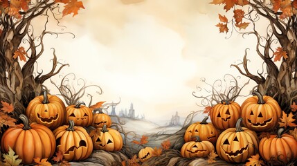 Spooky Halloween background with pumpkins and trees.