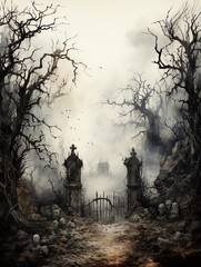 Eerie, misty path through a graveyard with ancient gates and crows.