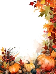 Naklejka premium Watercolor autumn border with pumpkins and leaves