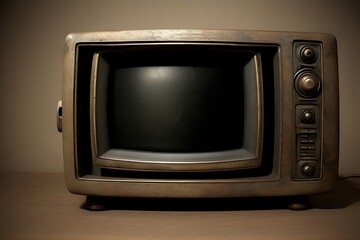 Vintage television on antique dresser, blank screen, retro technology.