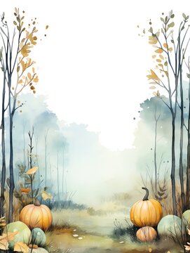 Watercolor illustration of an autumn forest with pumpkins, leaves, and a path.
