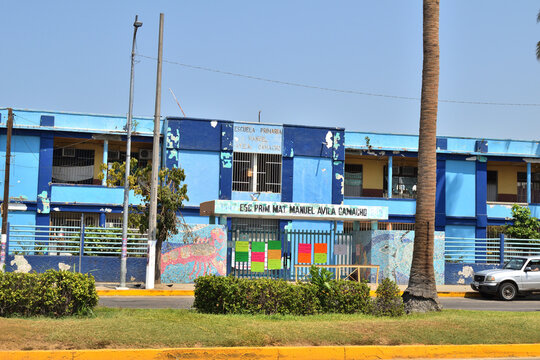 Acapulco, Mexico - April 27 2024: A School called Manuel Avila Camacho, after Otis Hurricane, in the coastal avenue