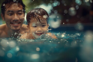 A father teaches his little child to swim. The father supports his child. Joint family leisure