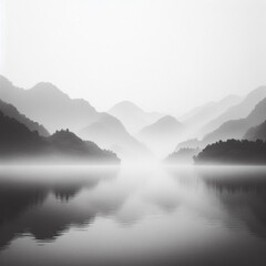 Fototapeta premium Serene Black and White Landscape Photo of a Small Wooded Island in the Middle of a Tranquil Lake