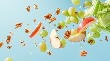 Fresh Waldorf Salad Components Floating on Light Blue Background - Perfect for Food Advertising and Design