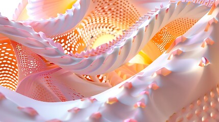 3D rendering of a nautilus shell with a glowing center. The shell is white and pink, and the center is yellow.