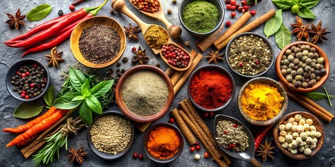 Knolling spices and herbs on a black stone table top. Food and cuisine ingredients. The concept of healthy and tasty food. Background for menu, invitation, card, banner, flyer - Powered by Adobe