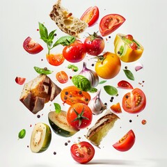 Modern Panzanella Ingredients Floating on White Background - Tomatoes, Garlic, Sourdough Bread for Culinary Design