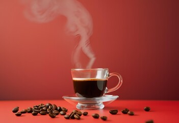 A glass cup of hot coffe and smoke on red background slighty high angle view a pile coffe beans is backgrond minimal,generative by ai