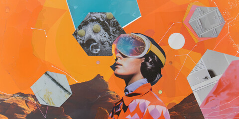 Retro Futuristic Woman in Goggles with Geometric Elements and Bright Orange Background
