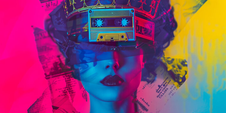 Surreal Retro Digital Art with Neon Colors and Cassette Tape Elements