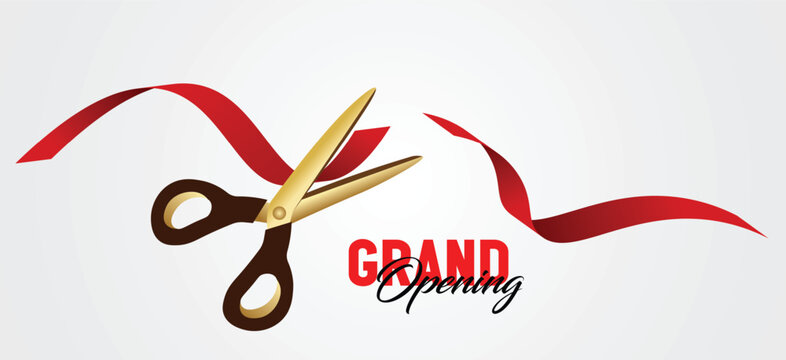red ribbon cut with scissors grand opening ceremony vector poster