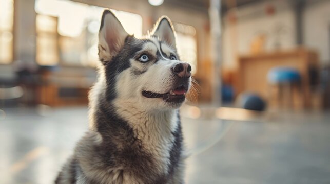 canine training, a devoted dog trainer is working with a lively siberian husky at a large pet training center, utilizing positive reinforcement methods and having agility equipment nearby