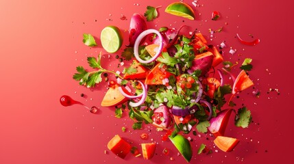 Playful Potato Salad Ingredients on Bright Red Background - Sweet Potatoes, Red Onions, Coriander, Lime Wedges, Chipotle