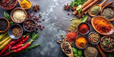 Spices and herbs on a black stone table top. Food and cuisine ingredients. The concept of healthy and tasty food. Background with copy space  for menu, invitation, card, banner, flyer