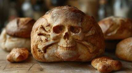 Fresh and crusty bread in the shape of a skull. Created with generative AI.